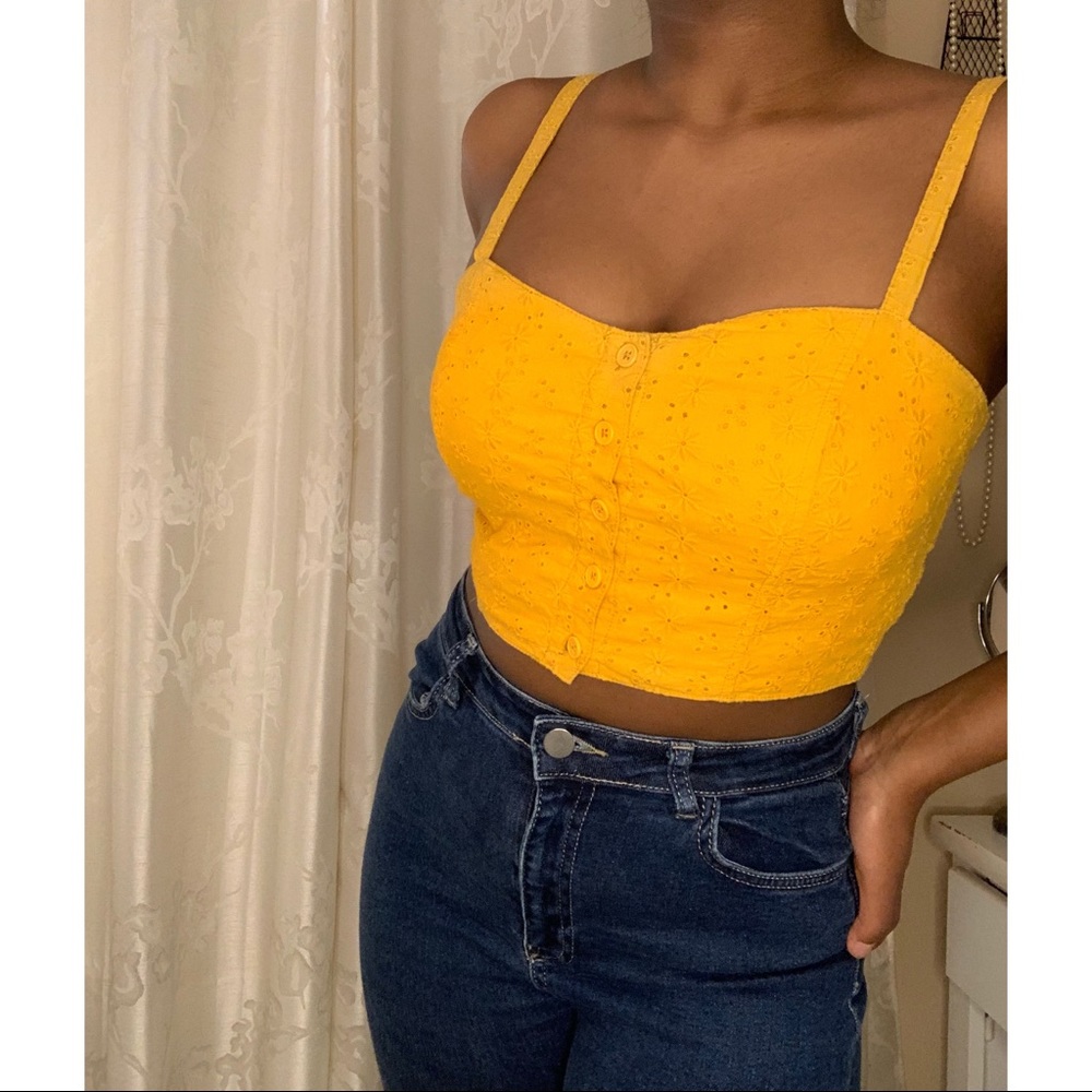 Mustard Eyelet Button-up Cropped Top